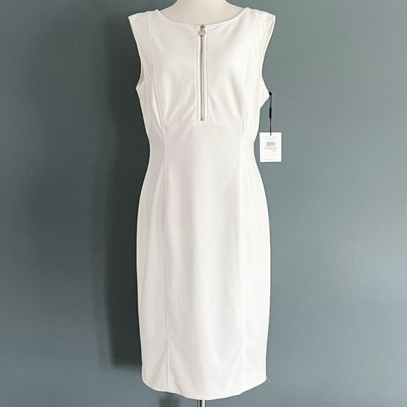 CALVIN KLEIN “IVY” SHEATH DRESS, LINED, WHITE, GOLD HALF ZIP IN FRONT | NEW | 12 - Picture 2 of 11